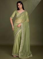 Gold Infused Twill Green Party Wear Embroidery Work Saree